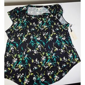 EMALINE WOMAN Floral Print Black Green White Short Sleeve Top Plus Size 2X